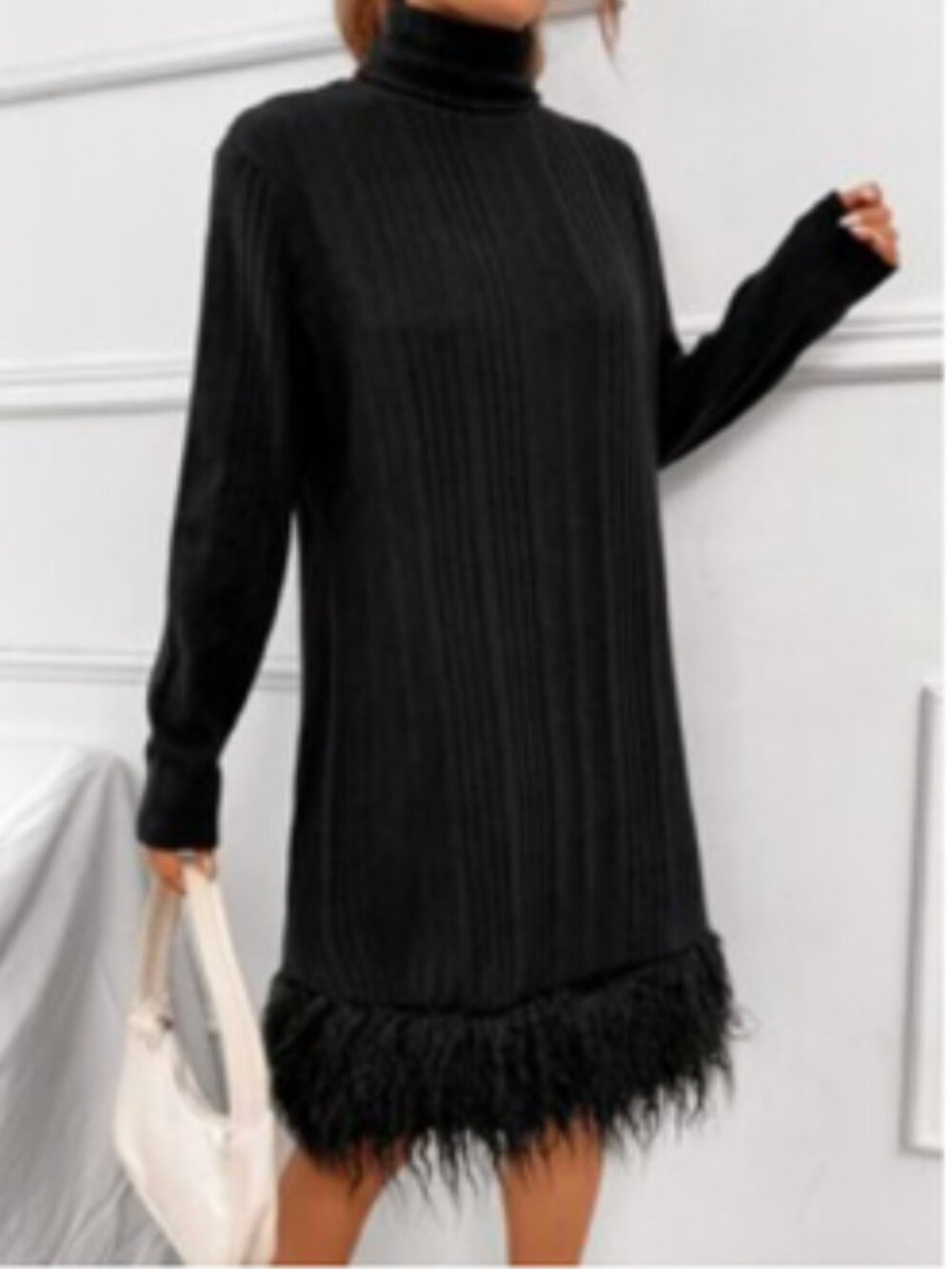 Shein Black Turtleneck Ribbed Knit Faux Fur Trim Sweater Dress